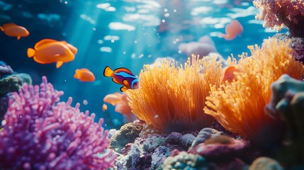 Fototapeta premium A vibrant underwater coral reef features colorful tropical fish, including an orange and blue damselfish, surrounded by diverse coral formations and bright sea anemones in a vivid turquoise.