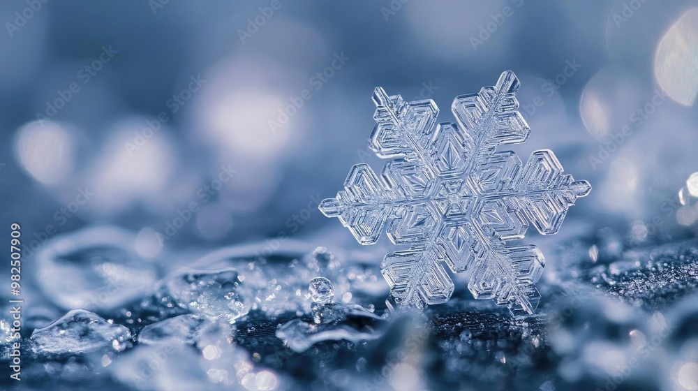 Poster a close-up of a stunning snowflake resting on ice, showcasing intricate details and a cool blue back