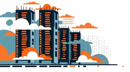 Fototapeta premium urban skyline, modern architecture, buildings, clouds, blue, orange, digital design, cityscape illustration, contemporary style, abstract elements, urban landscape, graphic art, colorful artwork