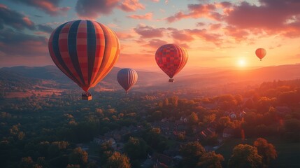 Fototapeta premium Colorful Hot Air Balloons Over Scenic Landscape at Sunset