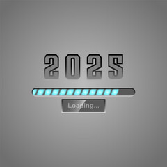 2025 New Year loading bar on gray background. Template for New Year greeting card, invitation or banner with numbers and progress bar. Vector illustration.