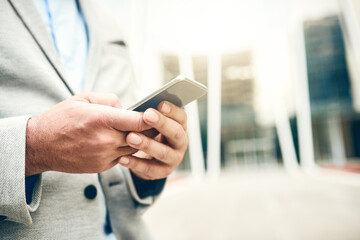Smartphone, business and hands typing in city for travel app, commute or check email. Mobile tech, closeup and person outdoor for research, scroll or urban planner review plan for development project