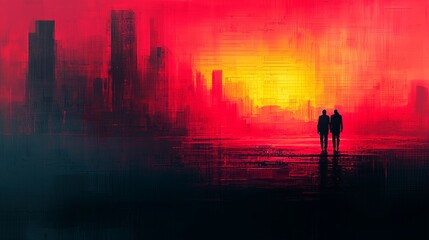 Fototapeta premium Surreal Sunset Over Urban Landscape with Silhouettes