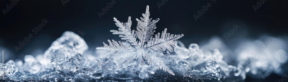Poster A close-up shot of a delicate snowflake resting on ice, showcasing intricate patterns and sparkling details against a dark background.