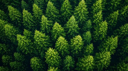 Fototapeta premium View from above of a pristine spruce forest with fir trees on the background. Drone photo taken directly above position and with green background.