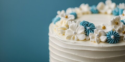A beautifully crafted cake adorned with detailed frosting flowers in blue and white colors, perfect for celebrations.