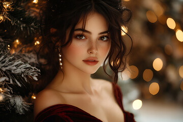 Fototapeta premium A young woman with pearl earrings in a burgundy velvet dress standing by a Christmas tree, warm holiday lights. Natural beauty and soft lighting , cozy and magical winter atmosphere. new year