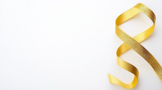 Golden award ribbon with elegant embossing, placed on a crisp white background, luxurious and celebratory