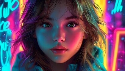 Obraz premium digital artwork featuring a luminous girl standing in front of a camera, with the focus on her face.