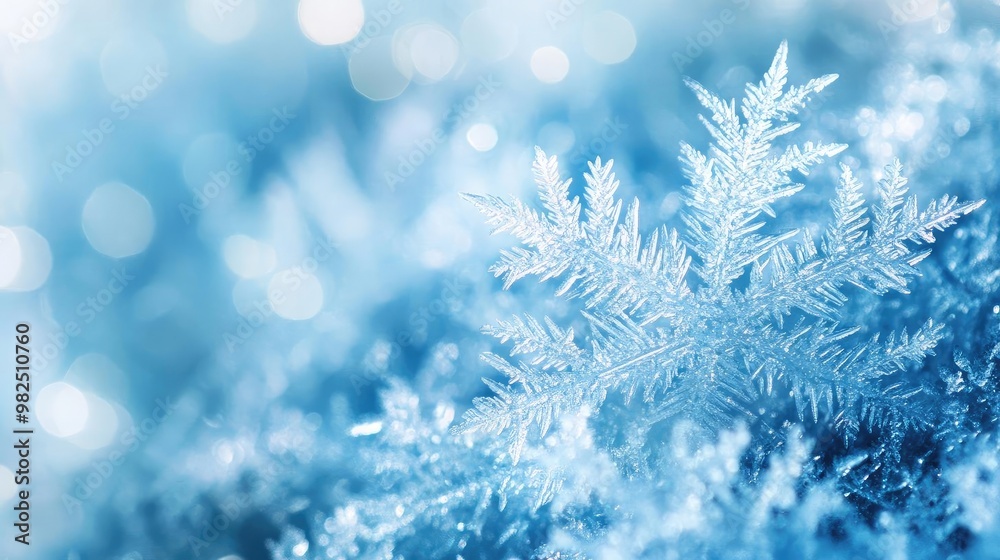 Poster A close-up of a snowflake resting on a frost-covered surface, showcasing intricate details and soft blue tones of winter.