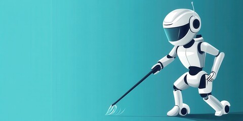 A futuristic robot cleaning with a tool, showcasing advanced technology and a modern design on a vibrant background.