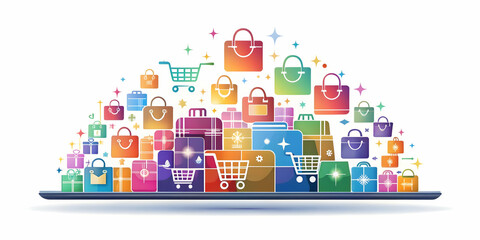 Fototapeta premium Flat Glowing Abstract Retail Art with Floating Shopping Icons for eCommerce Promotions - Vibrant Vector Design for Online Sales and Business Marketing