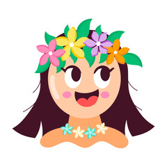 Comic style mascot of hawaiian girl wearing floral headband 