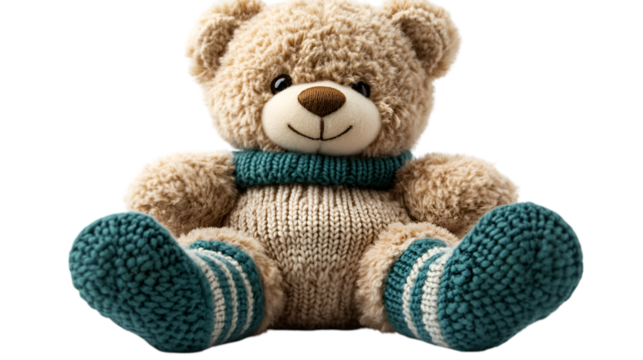 a teddy bear wearing a scarf and socks.  - Powered by Adobe