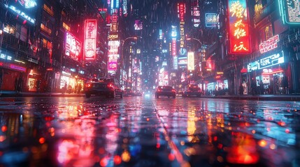 Vibrant Neon Lights on a Rainy Night in the City