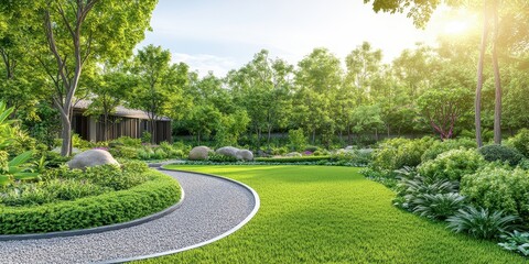 A serene garden landscape with lush greenery, curved pathway, and sunlight shining through trees, perfect for relaxation and nature lovers.