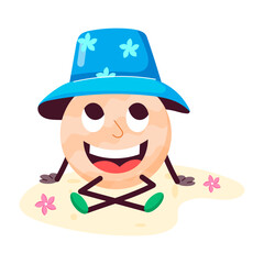 Cute cartoon doing beach yoga, flat sticker 