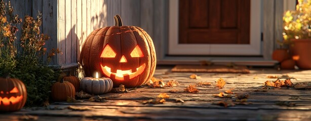 Obraz premium A carved pumpkin with a cheerful expression sits on a porch surrounded by autumn leaves and smaller pumpkins, creating a festive Halloween atmosphere.