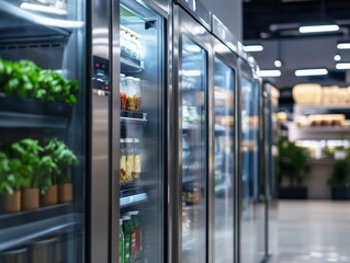 Stainless Steel Commercial Kitchen Refrigerators Lined Up In A Row With Glass Doors Showing Food Storage Inside