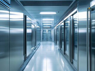 Stainless Steel Commercial Kitchen Refrigerator Corridor With Glass Doors and Gleaming White Tile Floor
