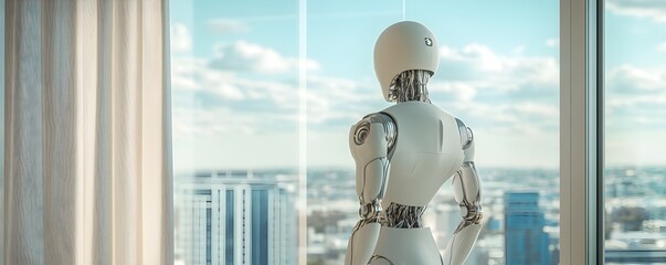 Humanoid Robot Hanging Curtains in a Modern Apartment with Floor to Ceiling Windows