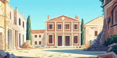A vibrant illustration of an ancient Mediterranean town square, showcasing historic architecture and a clear blue sky.