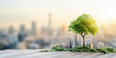 A vibrant tree grows amidst a blurred city backdrop, symbolizing nature's resilience in an urban environment.