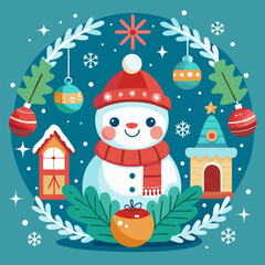 A cheerful Christmas illustration featuring a snowman with a red hat and scarf, surrounded by festive ornaments, a cozy house, and snowflakes. Perfect for holiday greetings, winter decorations.