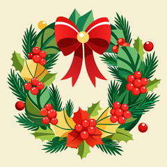 A festive Christmas wreath with a red bow, holly berries, and evergreen branches. Perfect for adding a touch of holiday cheer to your designs, this illustration is ideal for cards, banners.