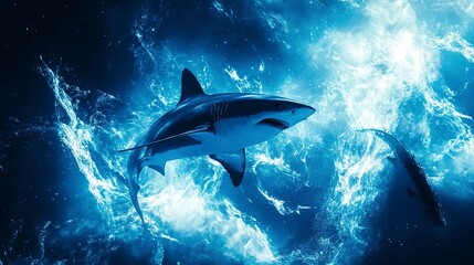 Fototapeta premium Abstract Background with Majestic Wildlife and Futuristic Design. A cool, epic, artistic, beautiful, and unique illustration of shark animals in Cinematic Adventure.