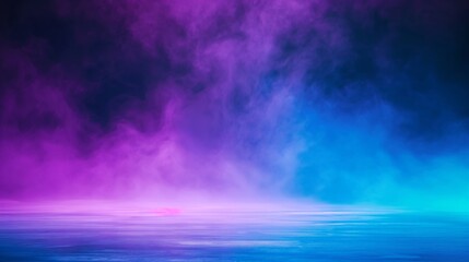 Smoky stage with blue and purple lighting effects. Concert and performance concept. Image for event poster and album cover. Low angle view with fog and copy space.