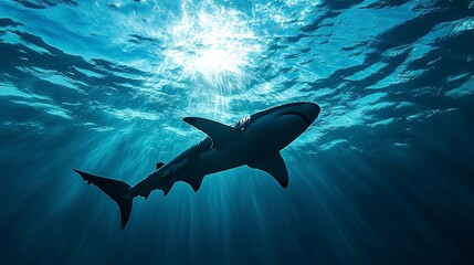 Obraz premium Shadow of a big shark underwater sea waves Top ocean view