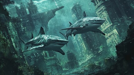 Two majestic sharks swim gracefully through a mysterious underwater landscape, surrounded by shadows and remnants of ancient ruins.
