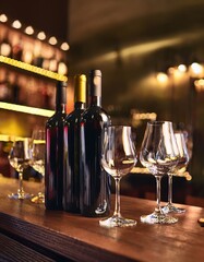ワインバーのエレガントなワインボトルとグラス | Elegant Wine Bottles and Glasses at a Stylish Wine Bar