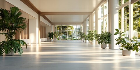 Fototapeta premium Bright and inviting interior space features elegant plants, large windows, and polished floors, creating a serene environment.