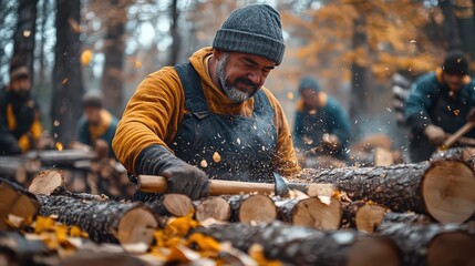 Fototapeta premium Man chopping wood with an axe in forest, surrounded by fallen leaves in autumn, enjoying outdoor work and seasonal activities.