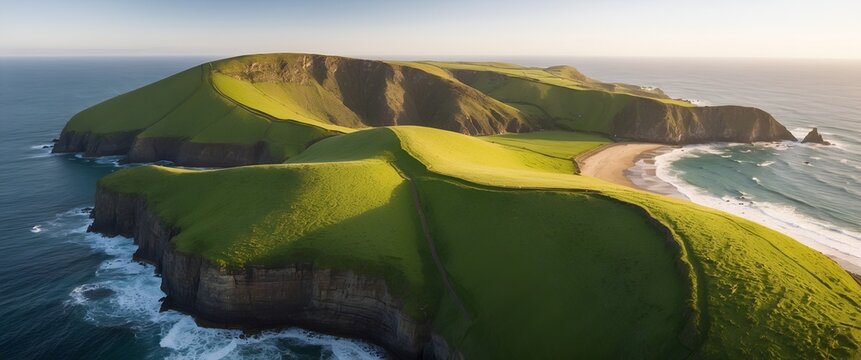 coastal region with rolling green hills and dramatic cliffs.