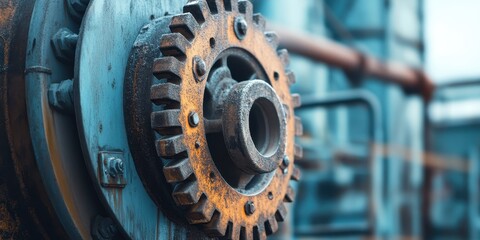 Close-up view of a rusty industrial gear, showcasing intricate details and textures in a factory setting.