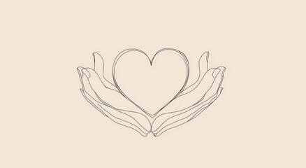 An illustration of hands holding hearts with a linear donation symbol. The graphic is isolated on white with a modern style.