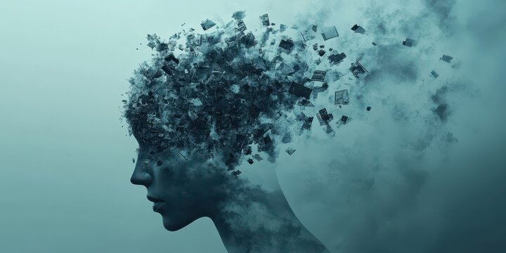 Conceptual image of a fragmented mind with dust and particles, illustrating thoughts and emotions in a surreal manner.