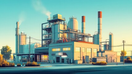 Fototapeta premium Industrial factory with multiple chimneys and complex piping, set against bright sky. Represents heavy industry and manufacturing processes.