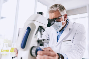 Mask, microscope and science with mature man in laboratory for breakthrough, innovation or...