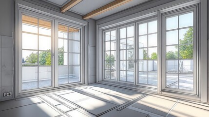 Obraz premium Sunlit empty room with large windows, under renovation, featuring clean lines, open space, and potential for transformation in modern home improvement project.