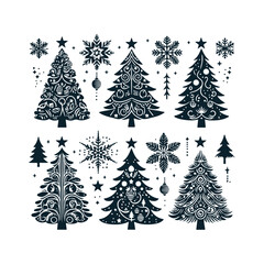 Set of Christmas christmas trees ornament decoration silhouette vector art illustration on a white background