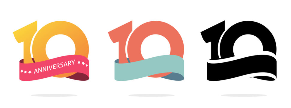 Year 10 anniversary logo vector, jubilee 10th birthday party stamp icon simple flat cartoon graphic illustration, discount sale coupon red yellow blue ribbon template, bonus gift label image clip art
