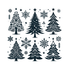 Set of Christmas christmas trees ornament decoration silhouette vector art illustration on a white background
