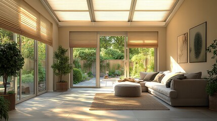 Fototapeta premium Warm sunlight fills a cozy, modern living room with soft furniture and greenery, blending comfort with nature through large windows and neutral tones.