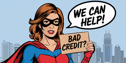 Superheroine in Cityscape Offering Credit Solutions - "BAD CREDIT? WE CAN HELP!"
