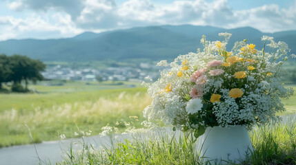 Flowers in a Vase Against a Mountain View