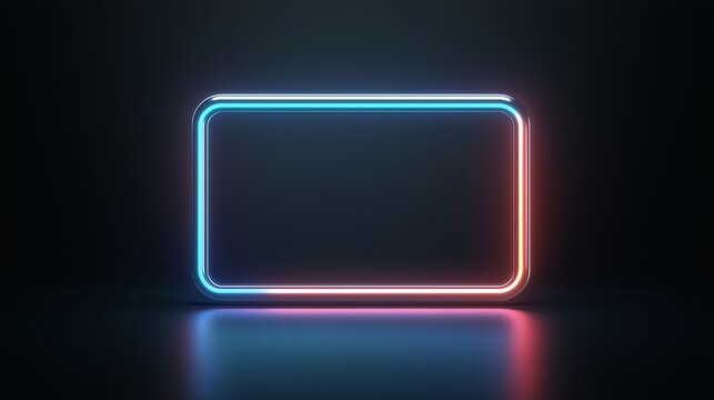 Glowing neon rectangle frame on dark background. Retro futuristic concept. Image for poster and game interface. Front view with reflection effect and copy space.